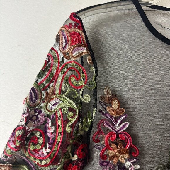 Top Blouse sz S sheer black embroidered floral short sleeve fairygrunge boho‎ - Picture 2 of 4